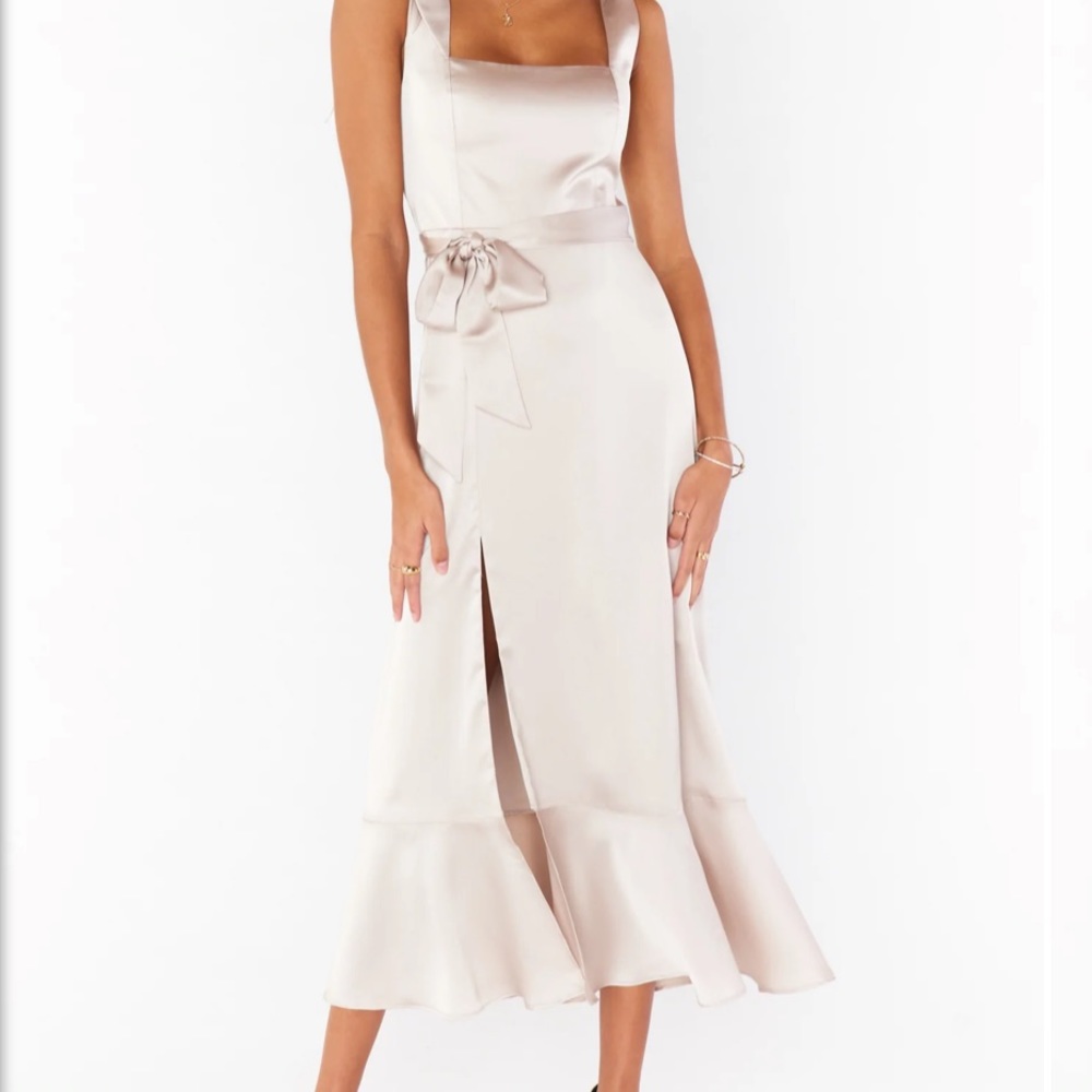 Show Me Your Mumu Claire Midi Dress in Show Me The Ring Luxe Satin Size XS